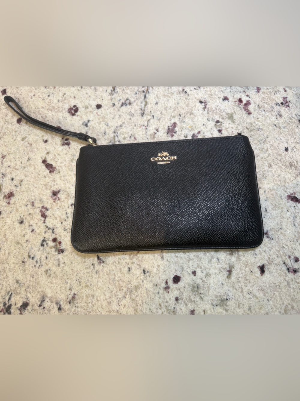 Coach Black Pebbled Leather Large Wristlet with Gold Logo